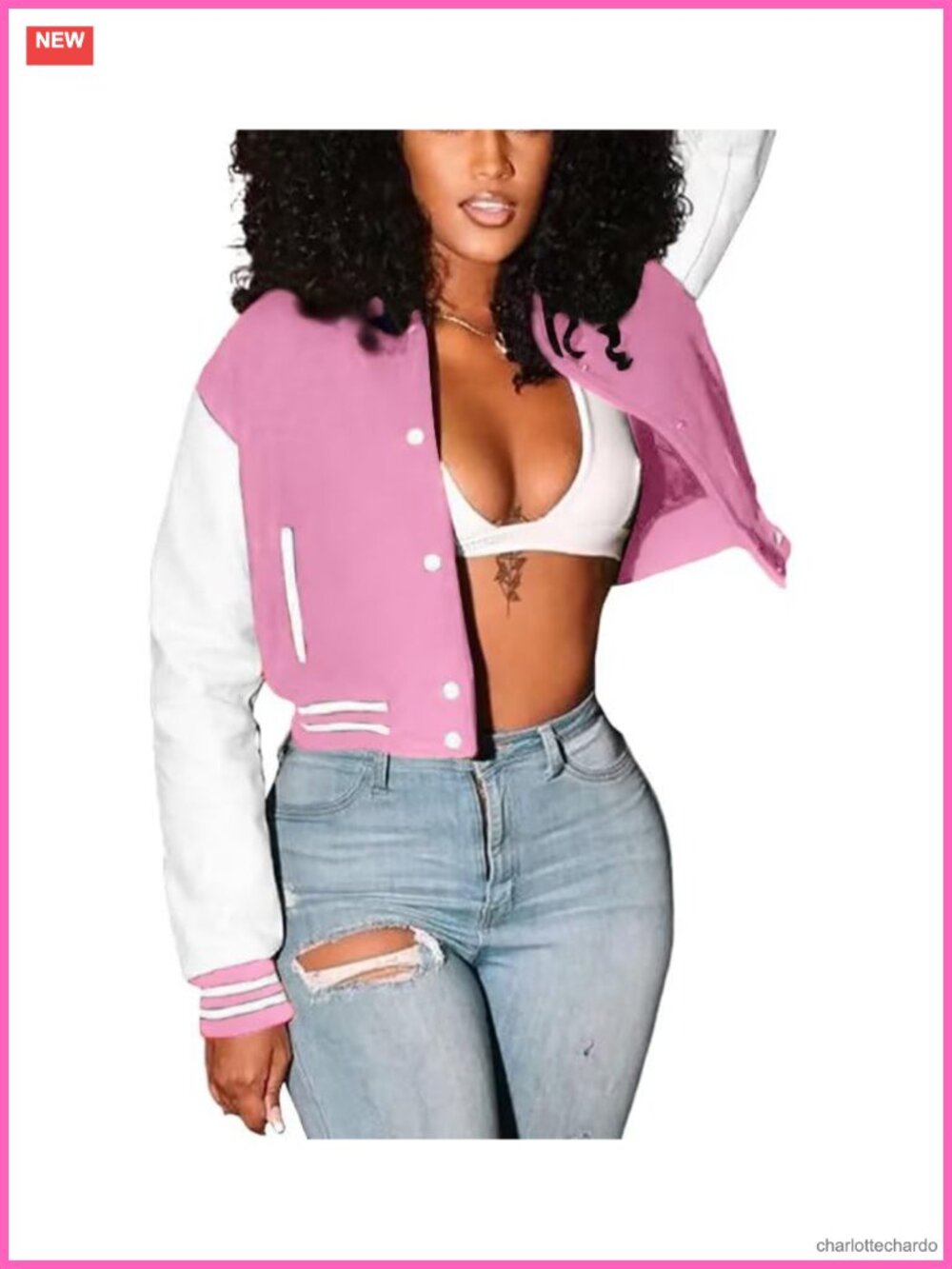 Women's Cropped Bomber Varsity Jacket Slim Fit Button Down Striped Trim